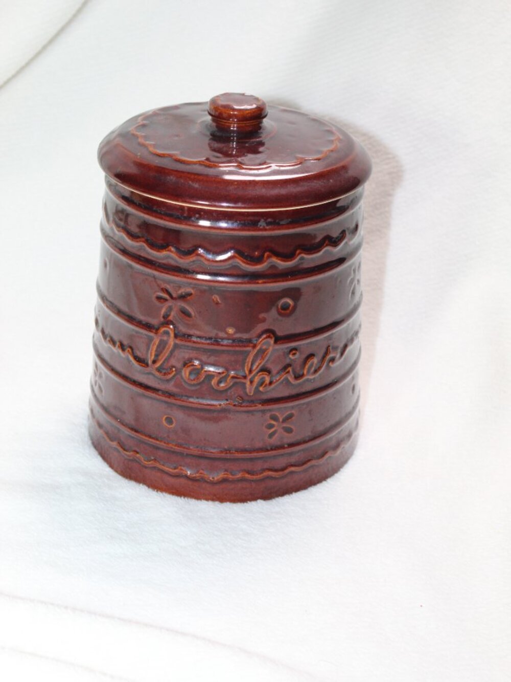Marcrest Stoneware 1950's Brown Cookie Jar Daisy and Dot Oven-Proof Mid-Century